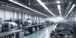 A high-tech manufacturing facility using ERP and data science for smart production planning. With real-time data dashboards, predictive analytics, and automation for efficiency.